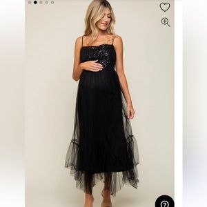 NWT-Pink Blush-Black Sequin Top Tulle Maternity Midi Dress